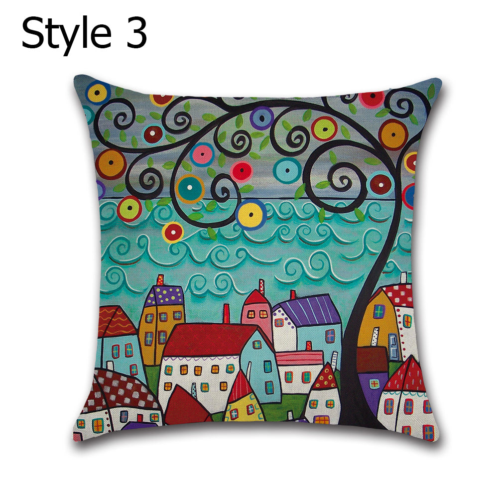 6 X 45CM X 45CM Cartoon Village Cushion Cover