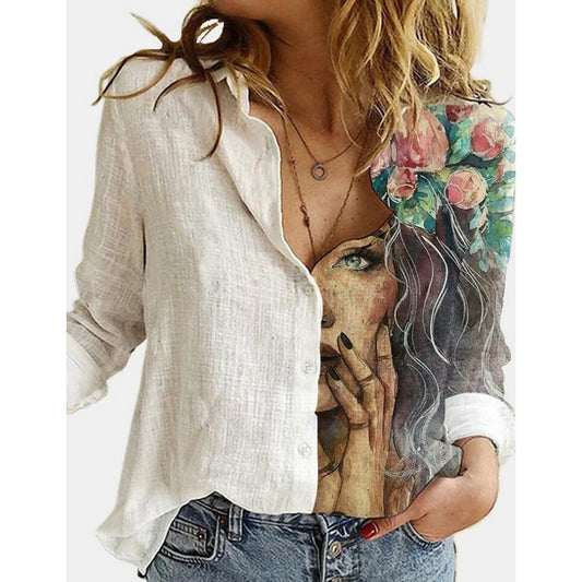 Women Linen Long Sleeve Shirt Irregular Print Shirt