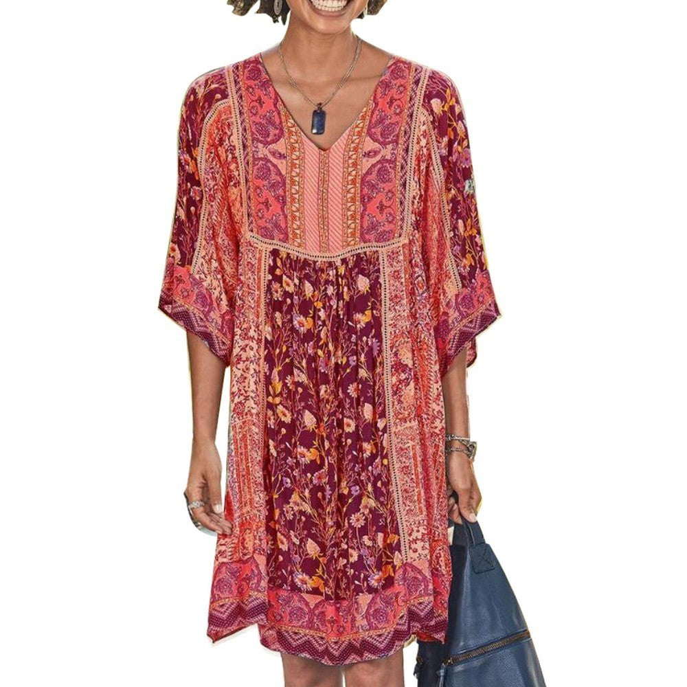 Women V Neck Bohemian Print Dress
