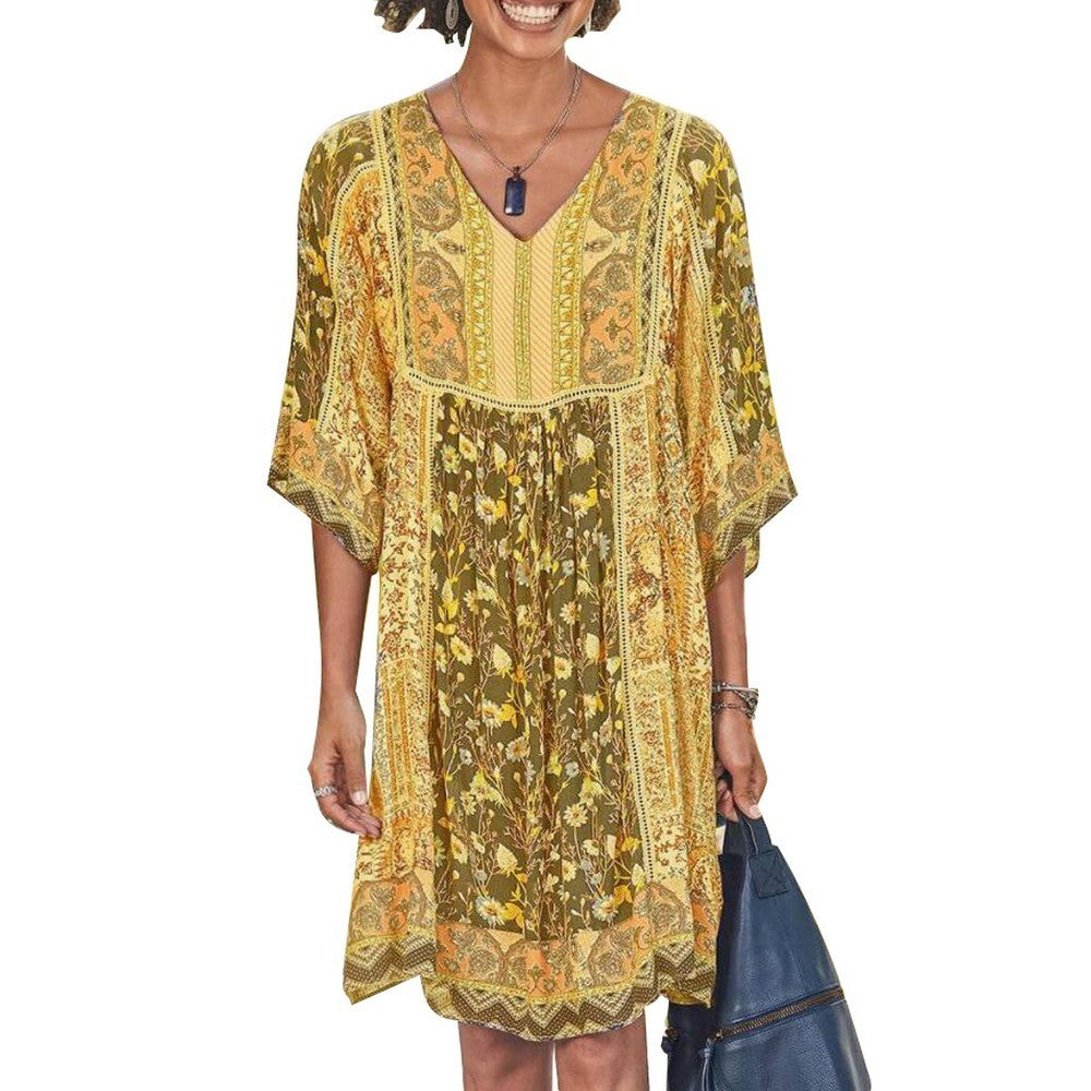 Women V Neck Bohemian Print Dress