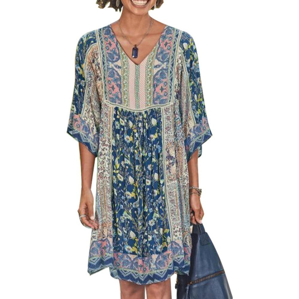 Women V Neck Bohemian Print Dress