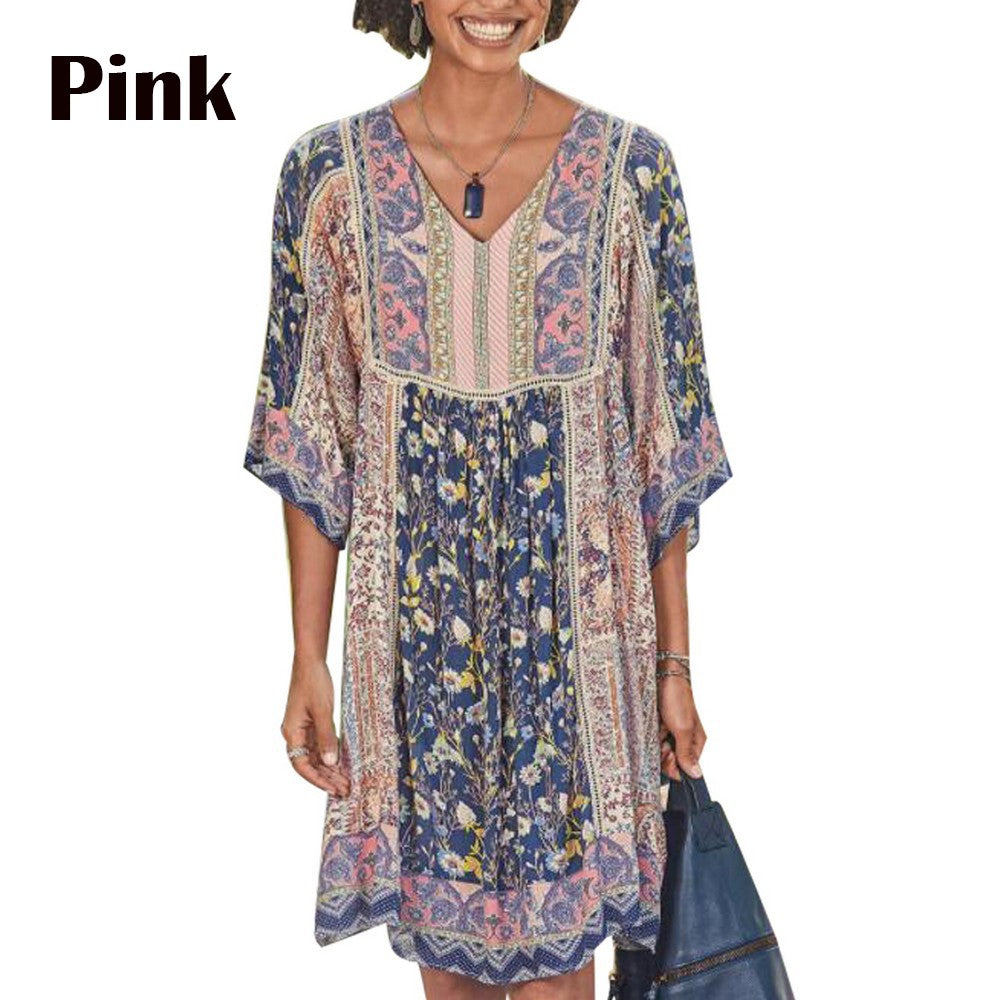 Women V Neck Bohemian Print Dress