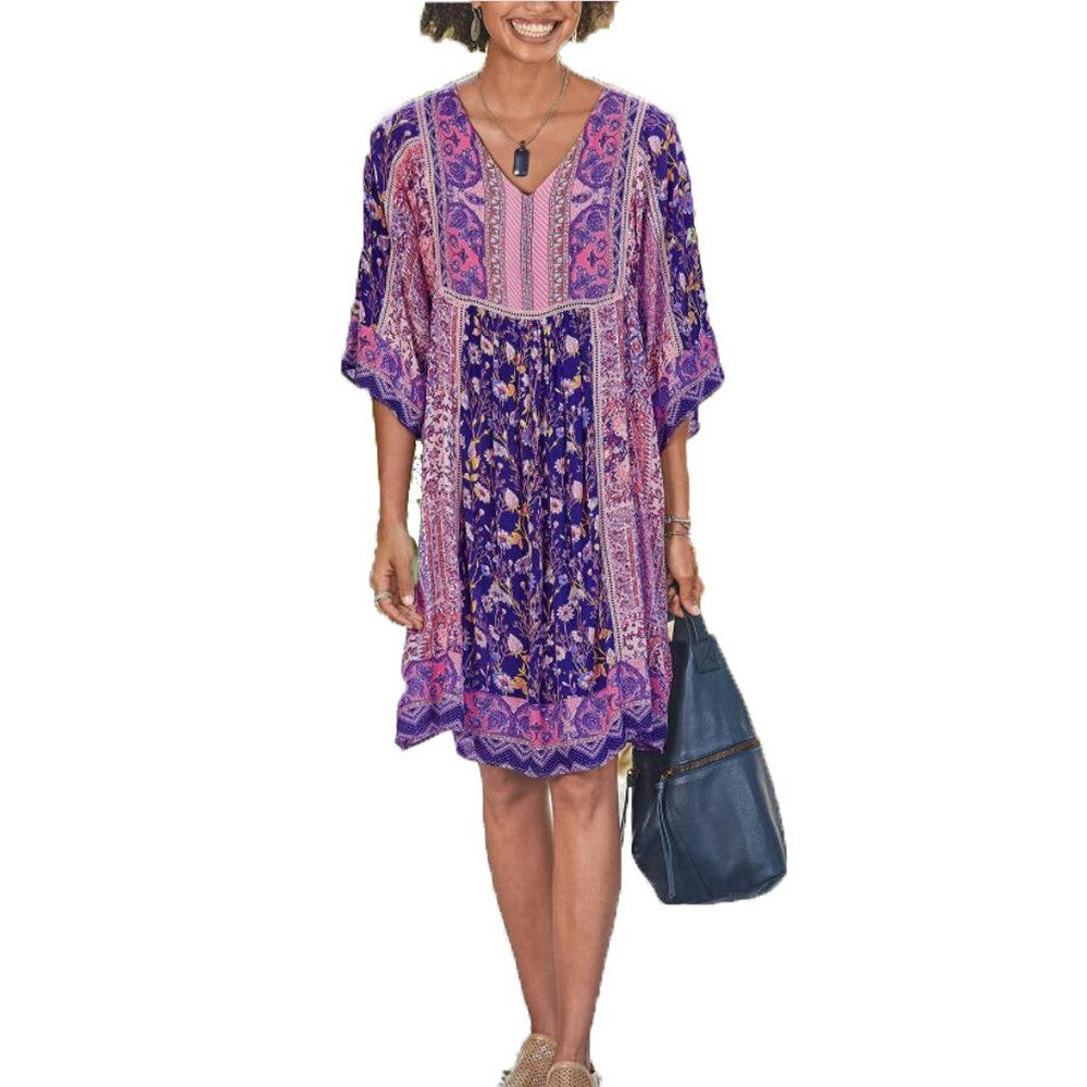 Women V Neck Bohemian Print Dress