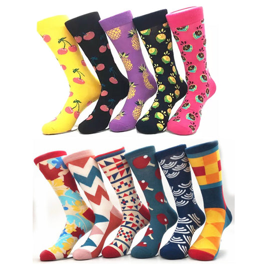 10 Pairs of Novelty Printed Men's Socks Set Fruits Pattern and Colourful Graphics Pattern