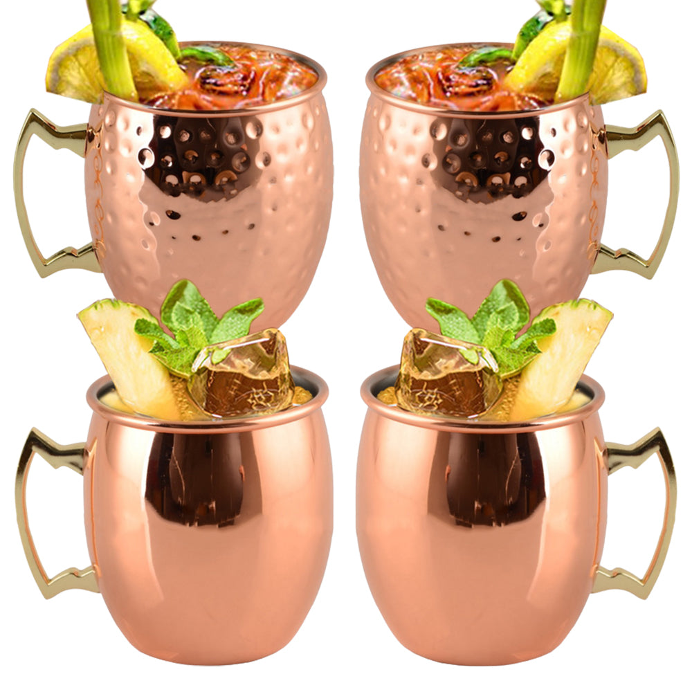 4 X Smooth and Hammered Moscow Mule Stainless Steel Copper Finished Mugs Ice Cold Drinking Cups