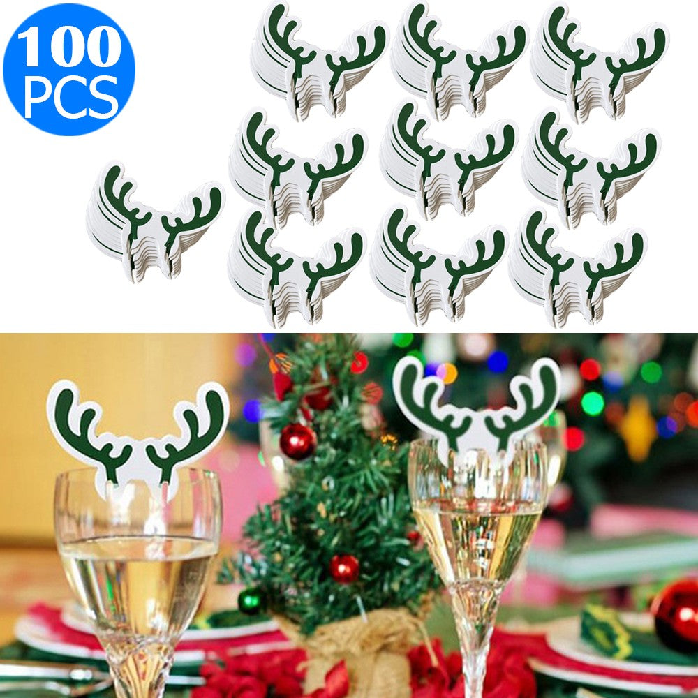 100PCS Antler Designed Christmas Wine Glass Paper Decorations Green