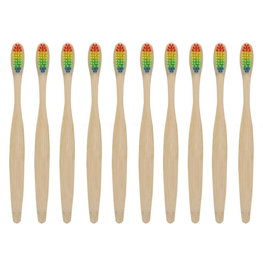10 X Bamboo Toothbrushes with Rainbow Bristles