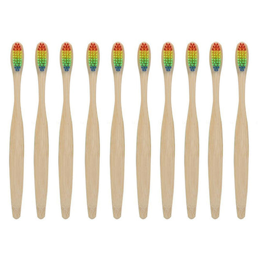 10 X Bamboo Toothbrushes with Rainbow Bristles