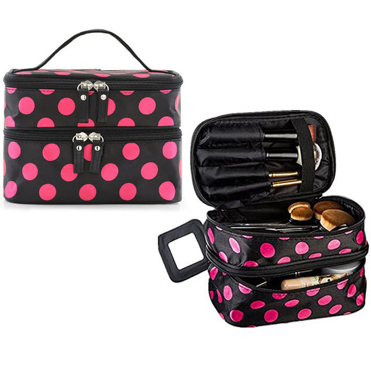 Polka Dot Double Layer Cosmetic Bag with Mirror Makeup Brush Organizer Rose Red