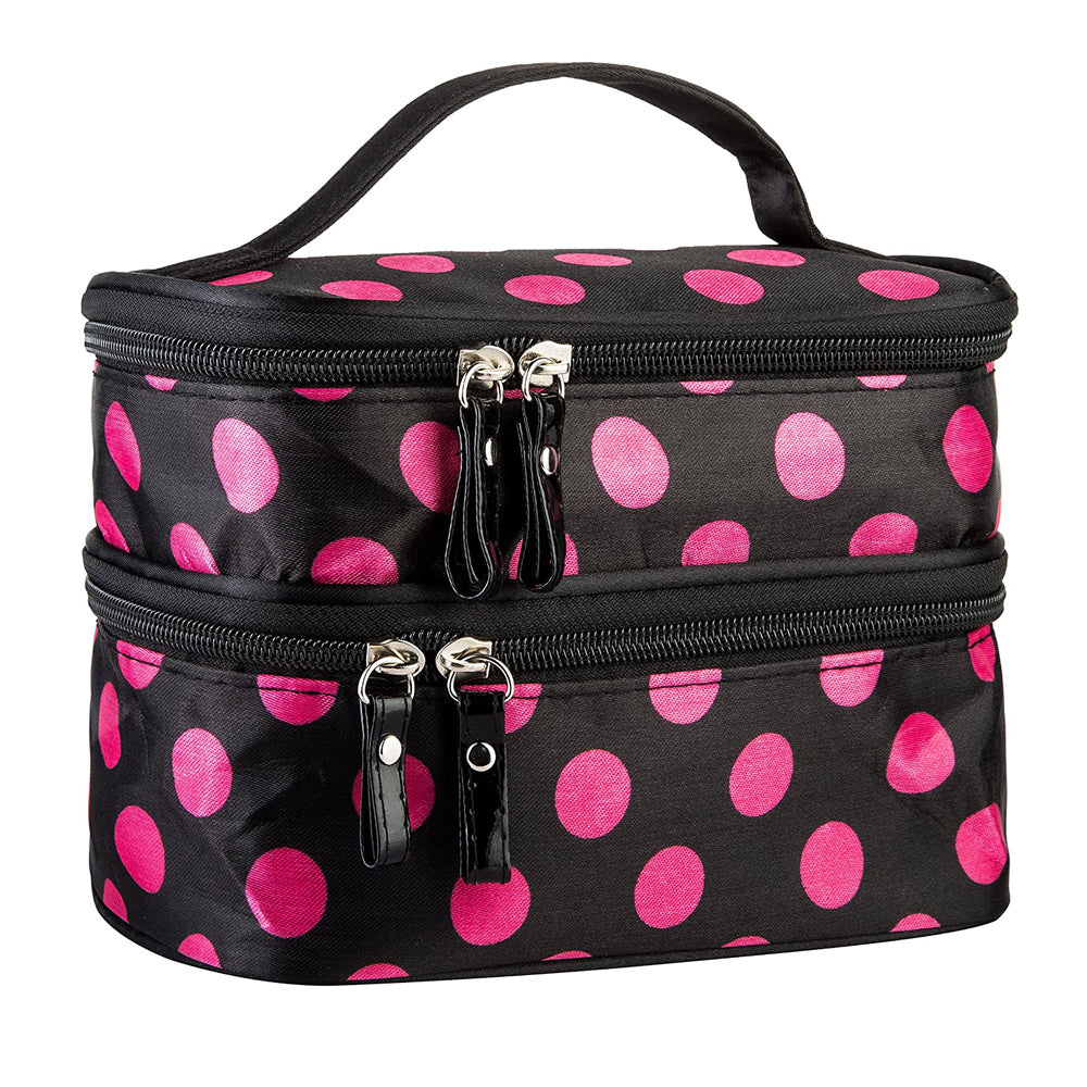 Polka Dot Double Layer Cosmetic Bag with Mirror Makeup Brush Organizer Rose Red