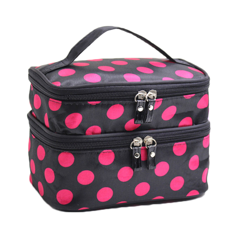 Polka Dot Double Layer Cosmetic Bag with Mirror Makeup Brush Organizer Rose Red