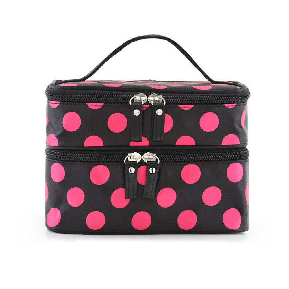 Polka Dot Double Layer Cosmetic Bag with Mirror Makeup Brush Organizer Rose Red