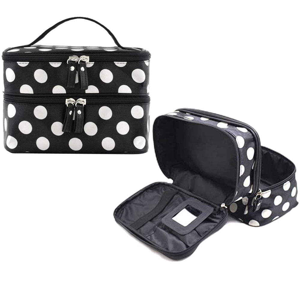 Polka Dot Double Layer Cosmetic Bag with Mirror Makeup Brush Organizer White