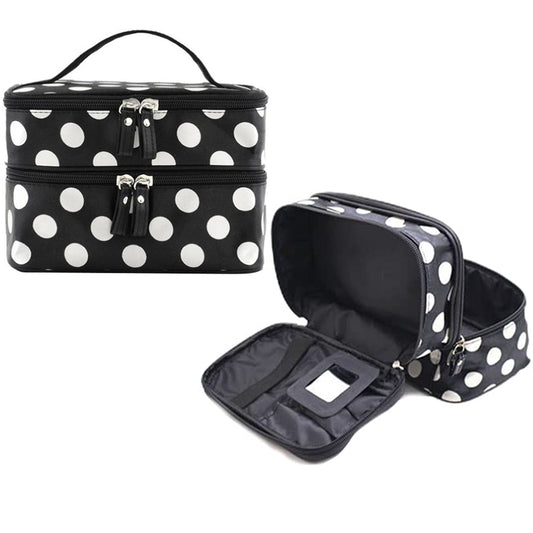 Polka Dot Double Layer Cosmetic Bag with Mirror Makeup Brush Organizer White