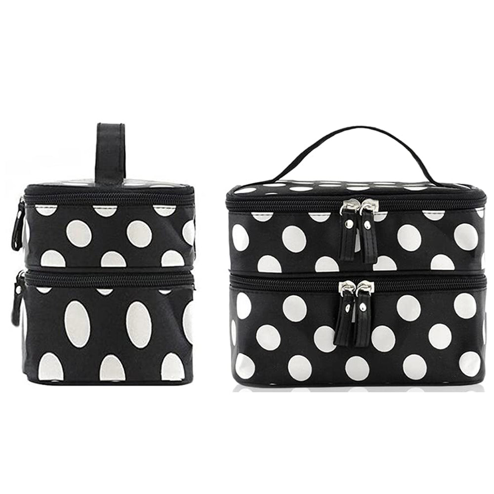 Polka Dot Double Layer Cosmetic Bag with Mirror Makeup Brush Organizer White
