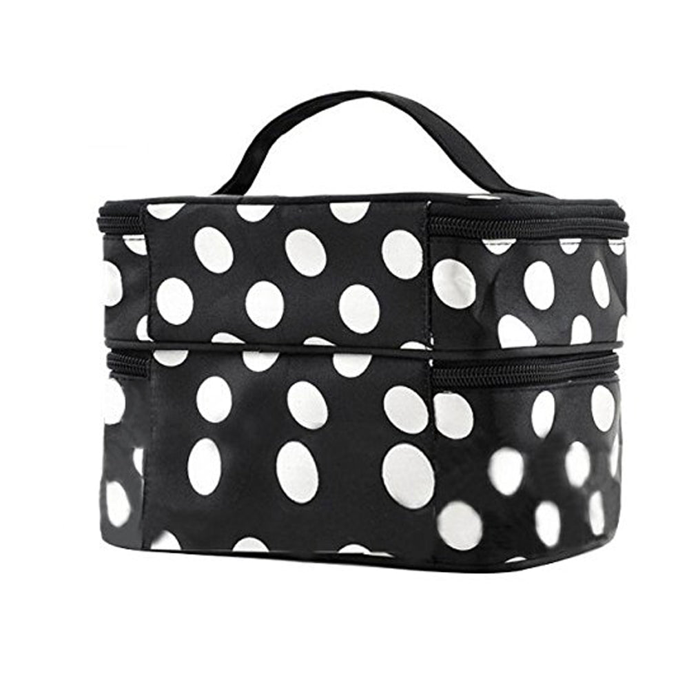Polka Dot Double Layer Cosmetic Bag with Mirror Makeup Brush Organizer White