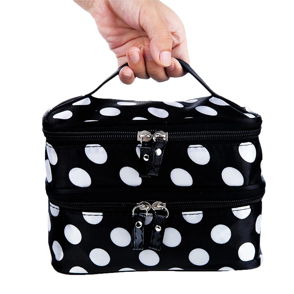 Polka Dot Double Layer Cosmetic Bag with Mirror Makeup Brush Organizer White