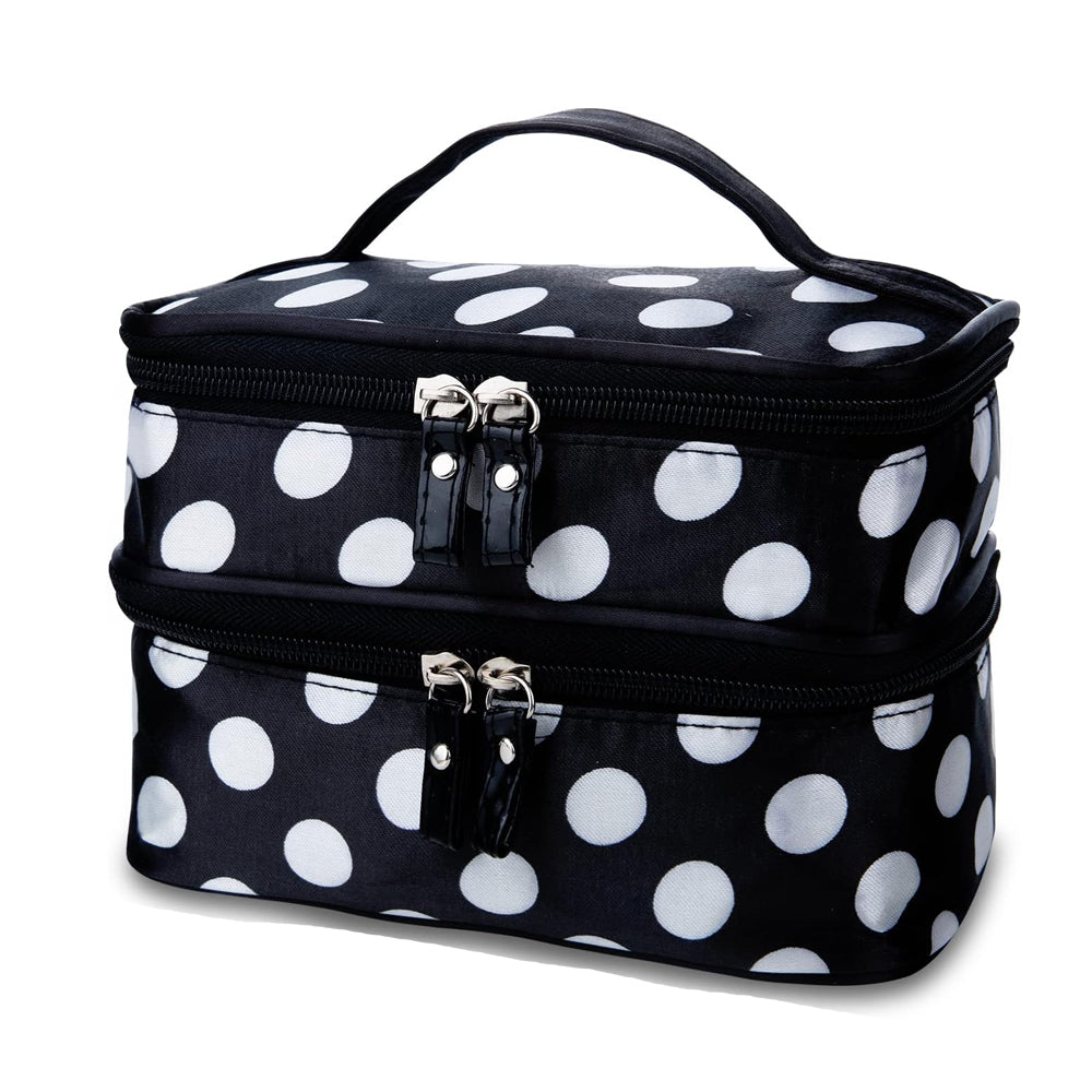 2 X Polka Dot Double Layer Cosmetic Bag with Mirror Makeup Brush Bag Cosmetic Organizer