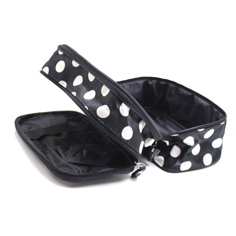 Polka Dot Double Layer Cosmetic Bag with Mirror Makeup Brush Organizer White