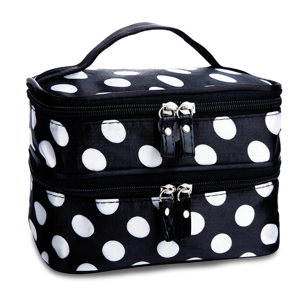 Polka Dot Double Layer Cosmetic Bag with Mirror Makeup Brush Organizer White