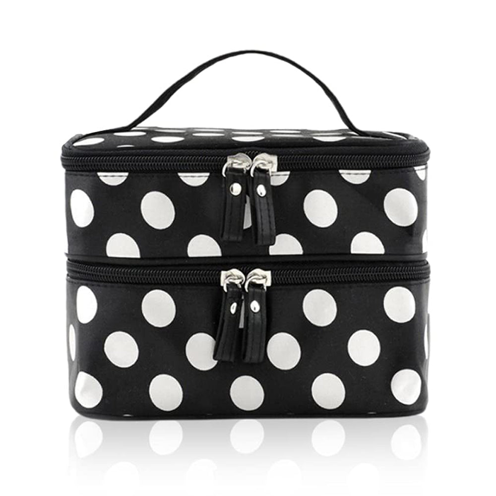 Polka Dot Double Layer Cosmetic Bag with Mirror Makeup Brush Organizer White