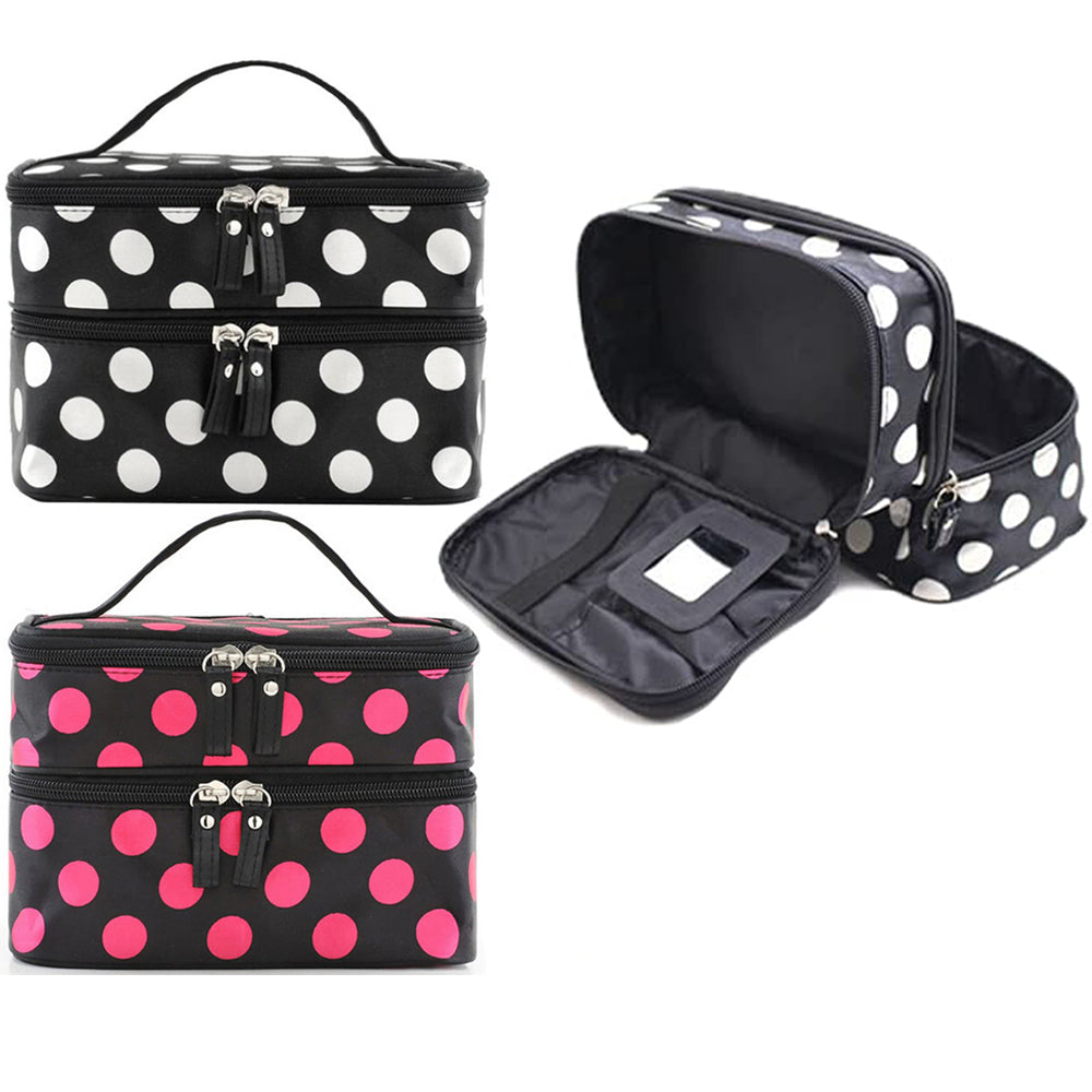 2 X Polka Dot Double Layer Cosmetic Bag with Mirror Makeup Brush Bag Cosmetic Organizer