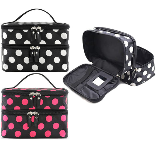 2 X Polka Dot Double Layer Cosmetic Bag with Mirror Makeup Brush Bag Cosmetic Organizer
