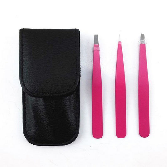 Set of 3Pcs Eyebrow Tweezers with Storage Pouch Rose Red