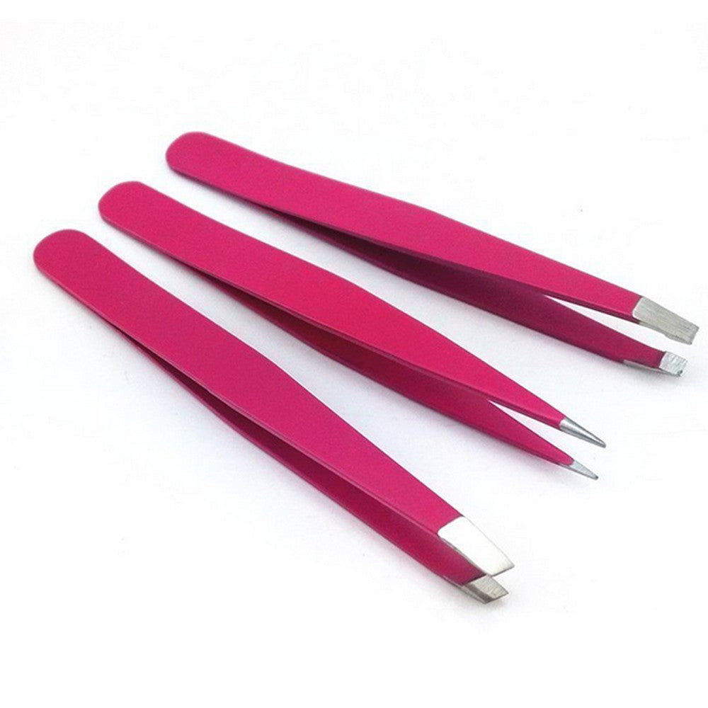 Set of 3Pcs Eyebrow Tweezers with Storage Pouch Rose Red