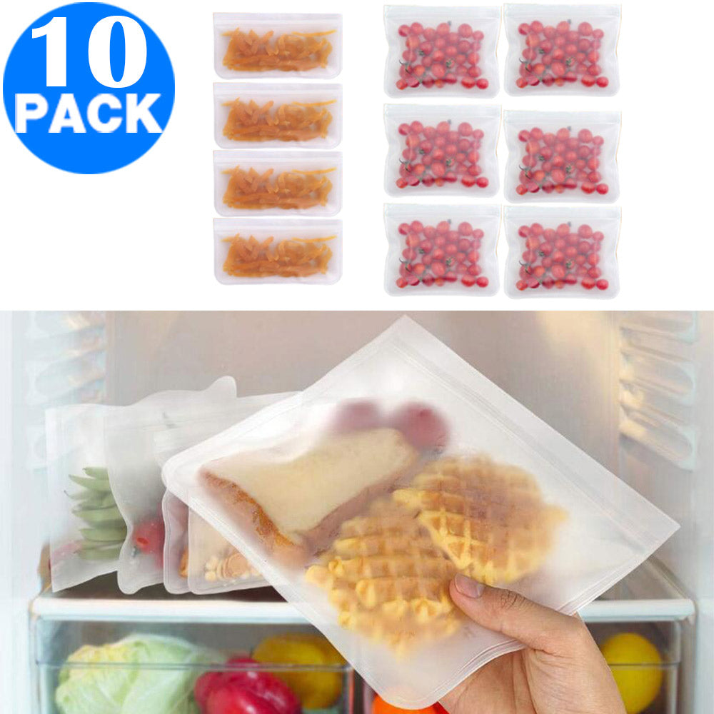 10Pcs Reusable PEVA Food Storage Bag Zip Lock Eco friendly Snack Bags 21x12cm 21x18cm