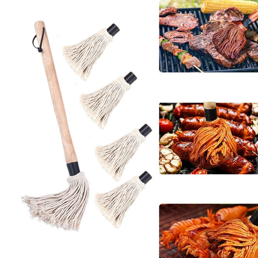 BBQ Grilling Basting Mop Brush Roasting Heat Resistant Wooden Handle with 5 Replacement Heads