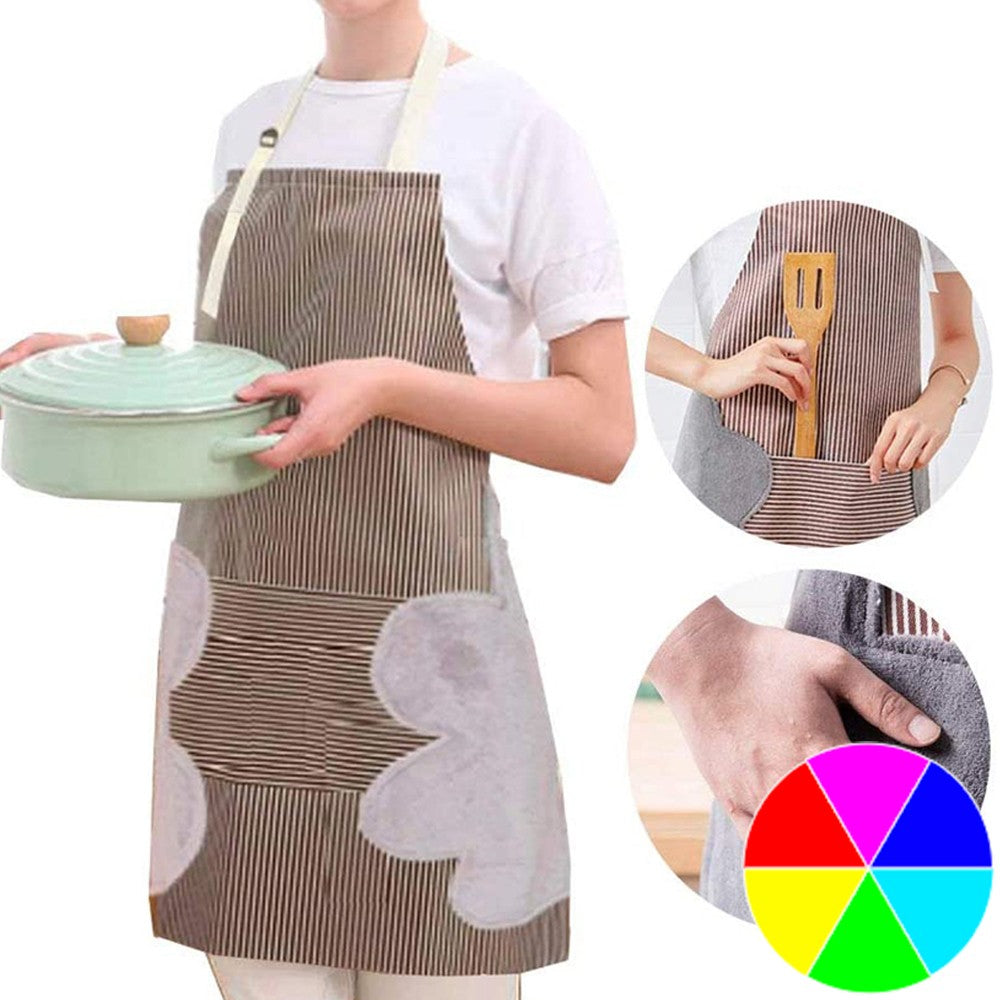 Adjustable Bib Apron with Pockets Side Towels Durable Pinstripe Cooking Apron