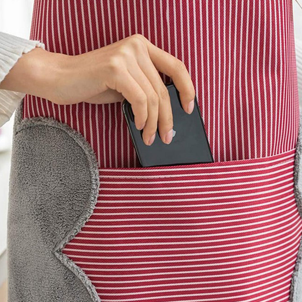 Adjustable Bib Apron with Pockets Side Towels Durable Pinstripe Cooking Apron