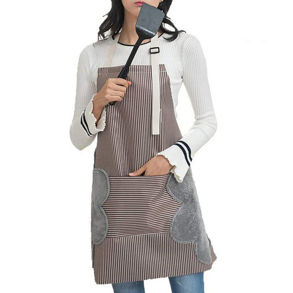 Adjustable Bib Apron with Pockets Side Towels Durable Pinstripe Cooking Apron