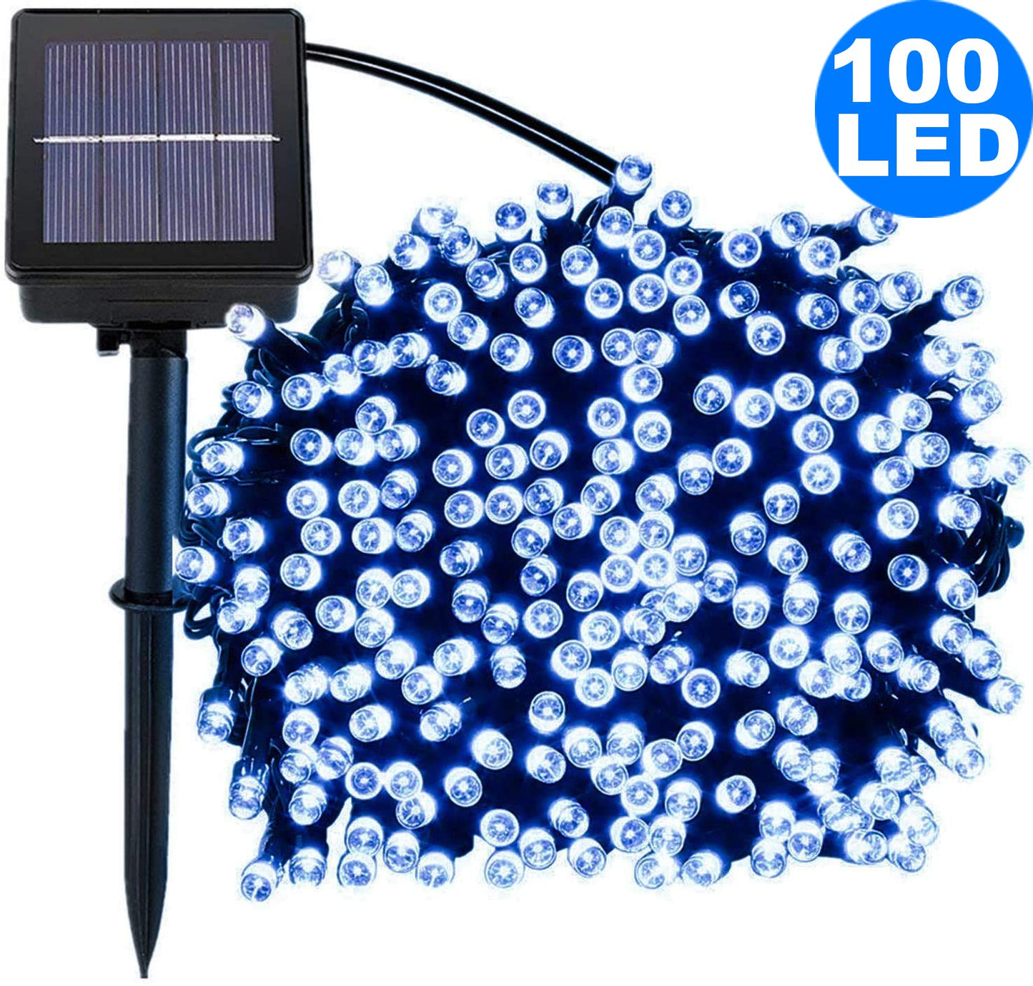 12M 100LED White 8 Mode Solar String Lights Waterproof Starry Fairy Light