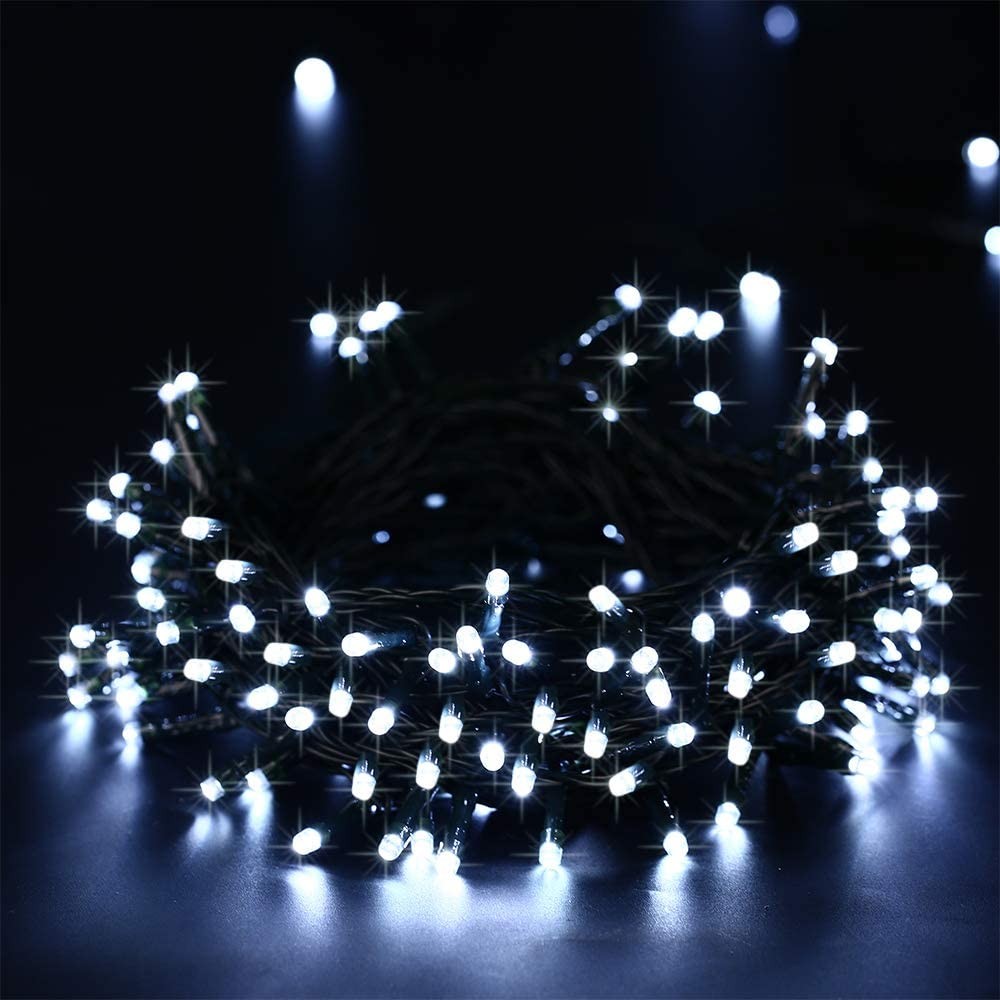 12M 100LED White 8 Mode Solar String Lights Waterproof Starry Fairy Light