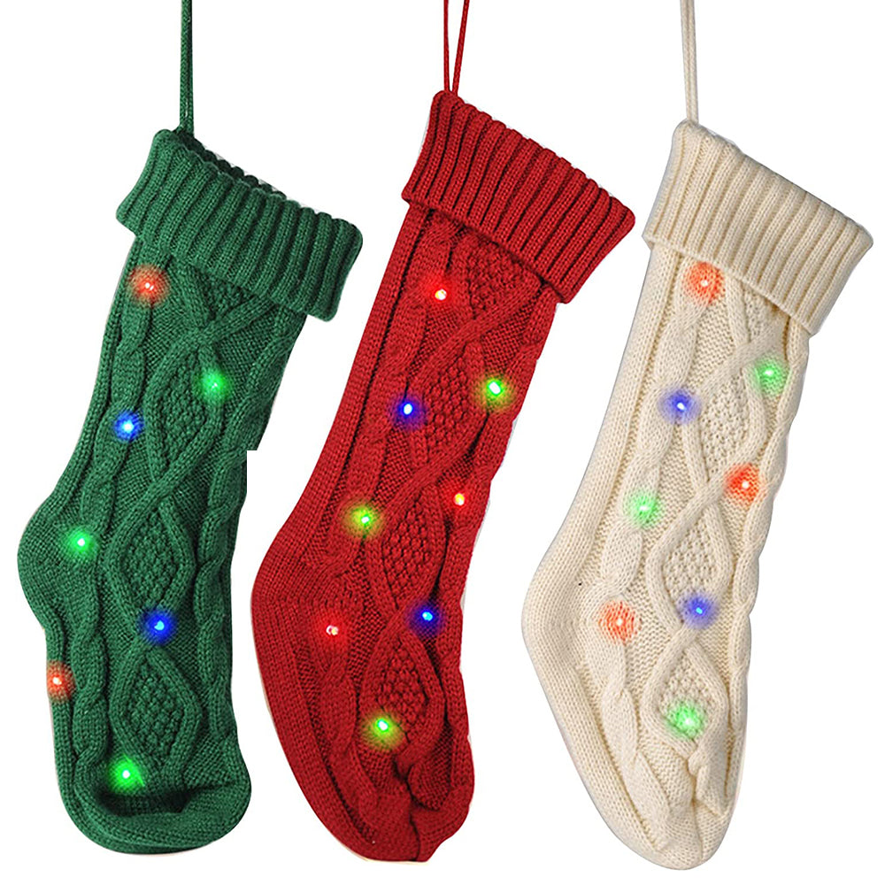 3Pcs Knitted Christmas Socks Candy Pouch with LED Light