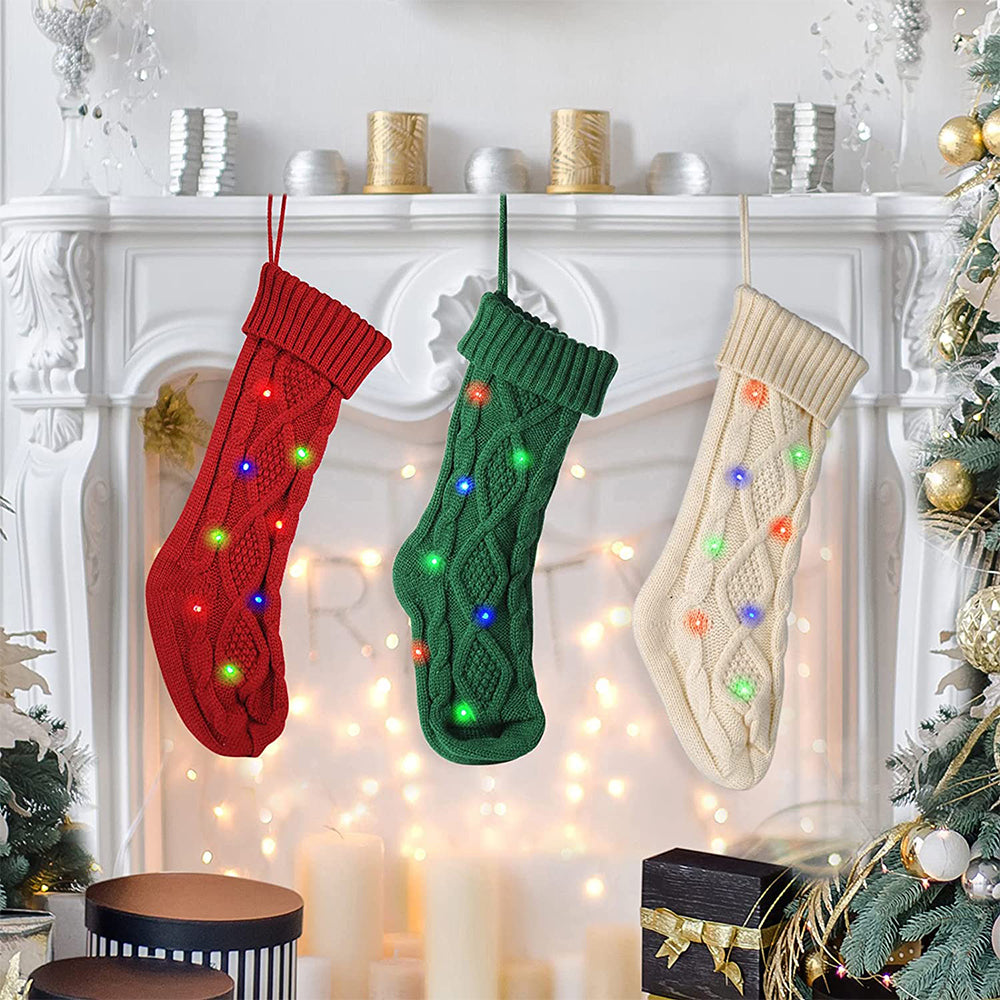 3Pcs Knitted Christmas Socks Candy Pouch with LED Light