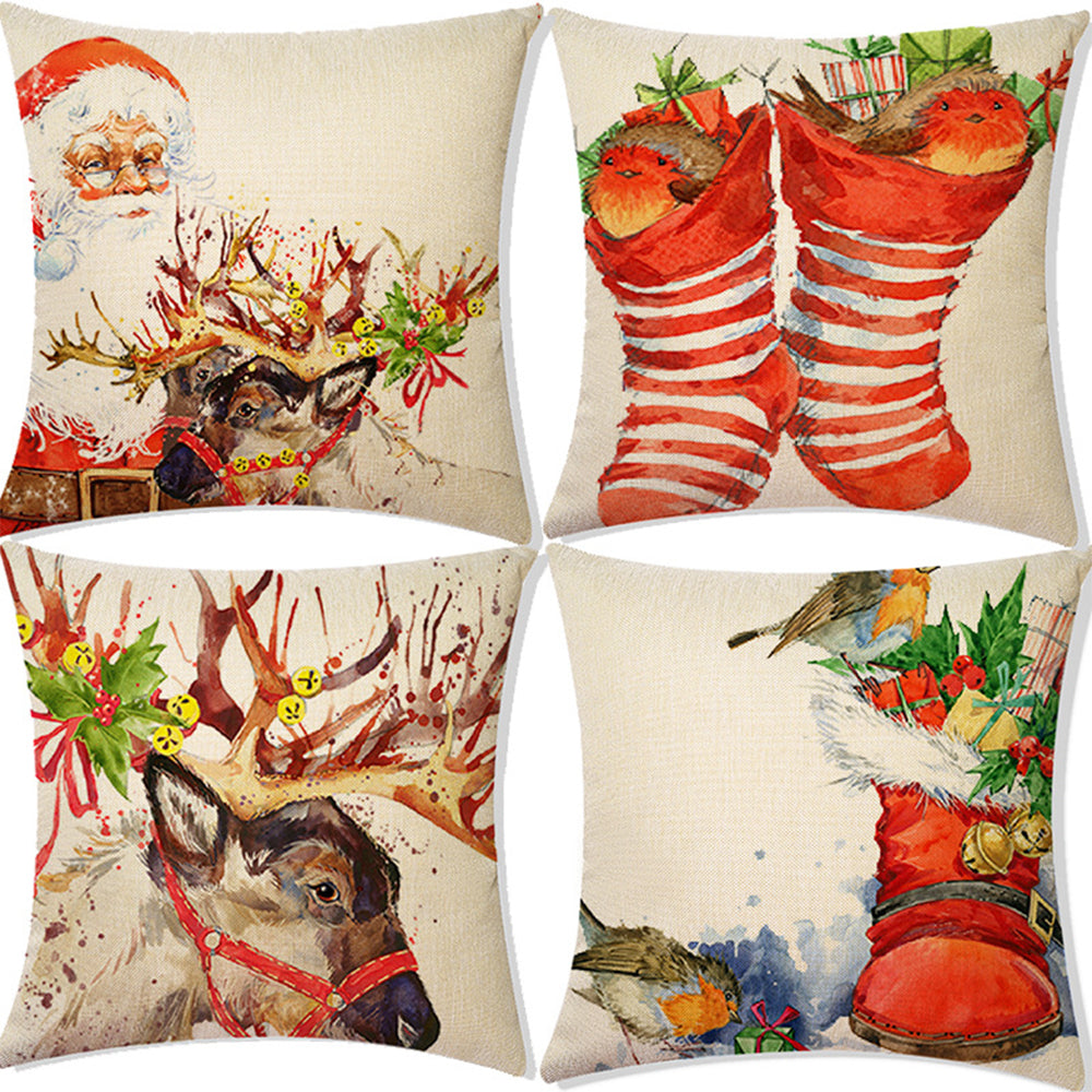 4Pcs 45x45cm Linen Christmas Print Cushion Cover