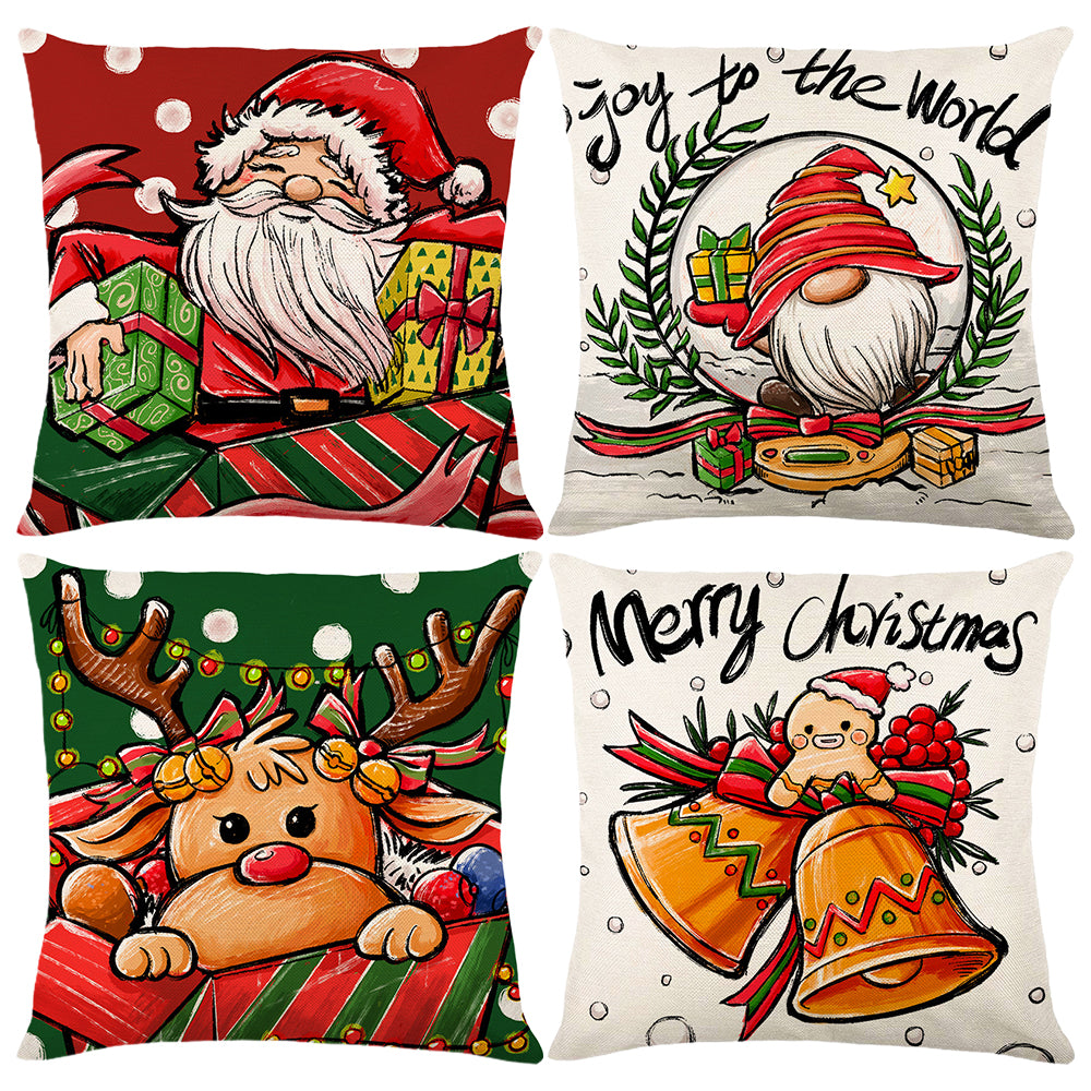 4Pcs 45x45cm Linen Christmas Print Cushion Cover