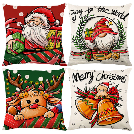 4Pcs 45x45cm Linen Christmas Print Cushion Cover