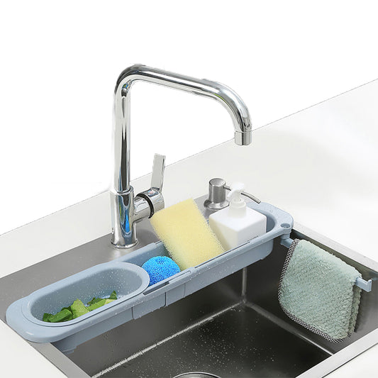 Telescopic Kitchen Sink Storage Rack with Dishcloth Holder Blue