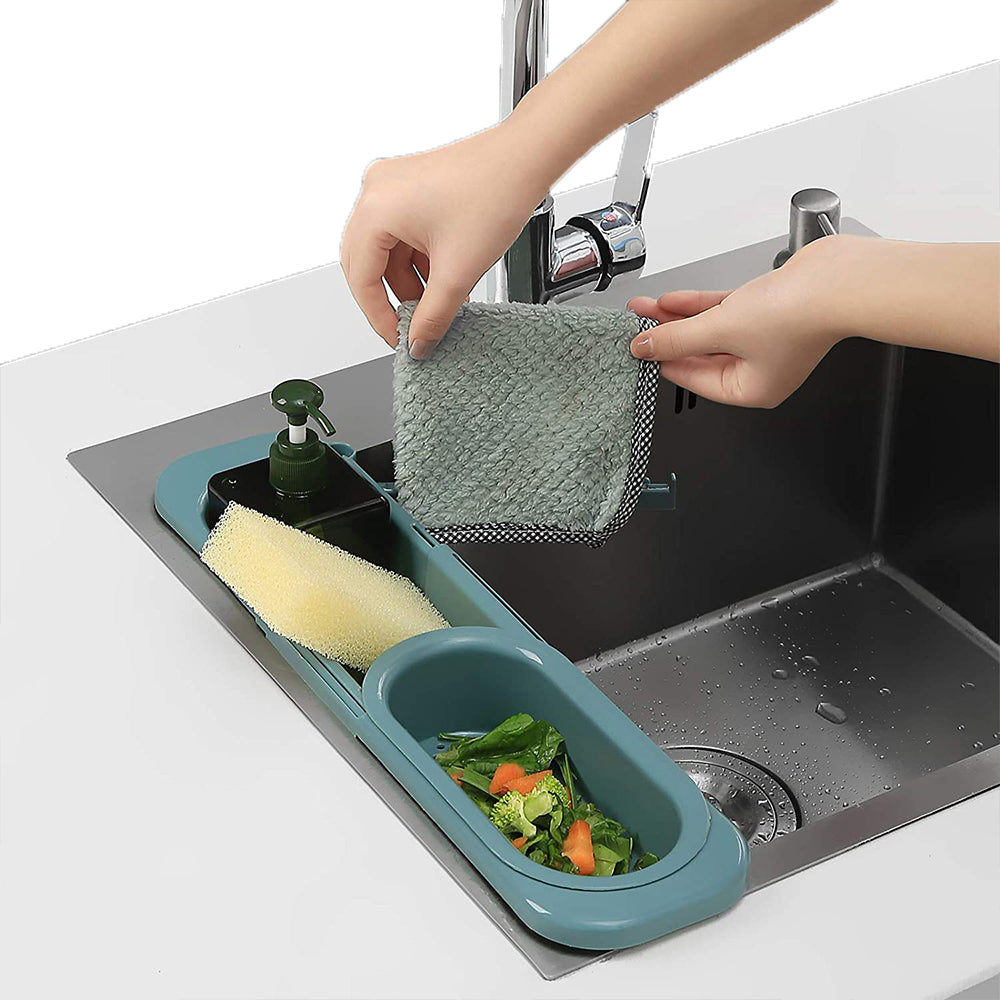 Telescopic Kitchen Sink Storage Rack with Dishcloth Holder Green