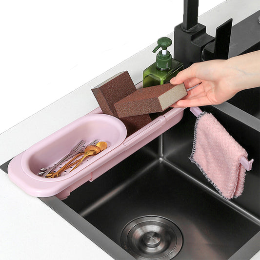 Telescopic Kitchen Sink Storage Rack with Dishcloth Holder Pink