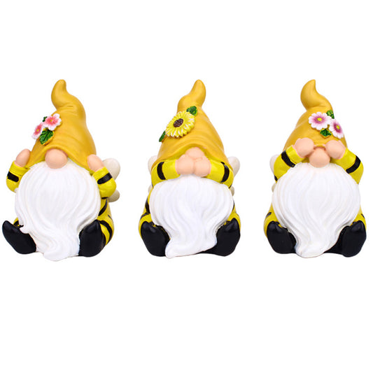 Set of 3Pcs Garden Bee Gnome Statue with Flower Hat
