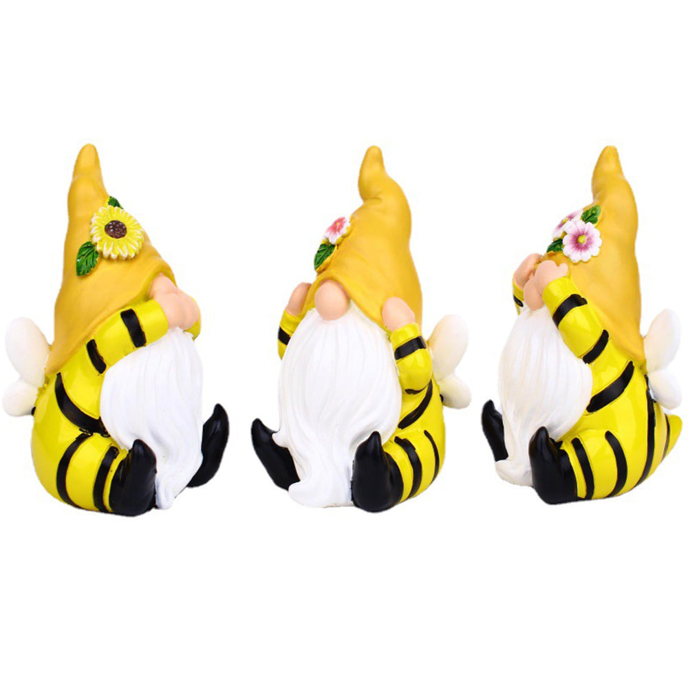 Set of 3Pcs Garden Bee Gnome Statue with Flower Hat