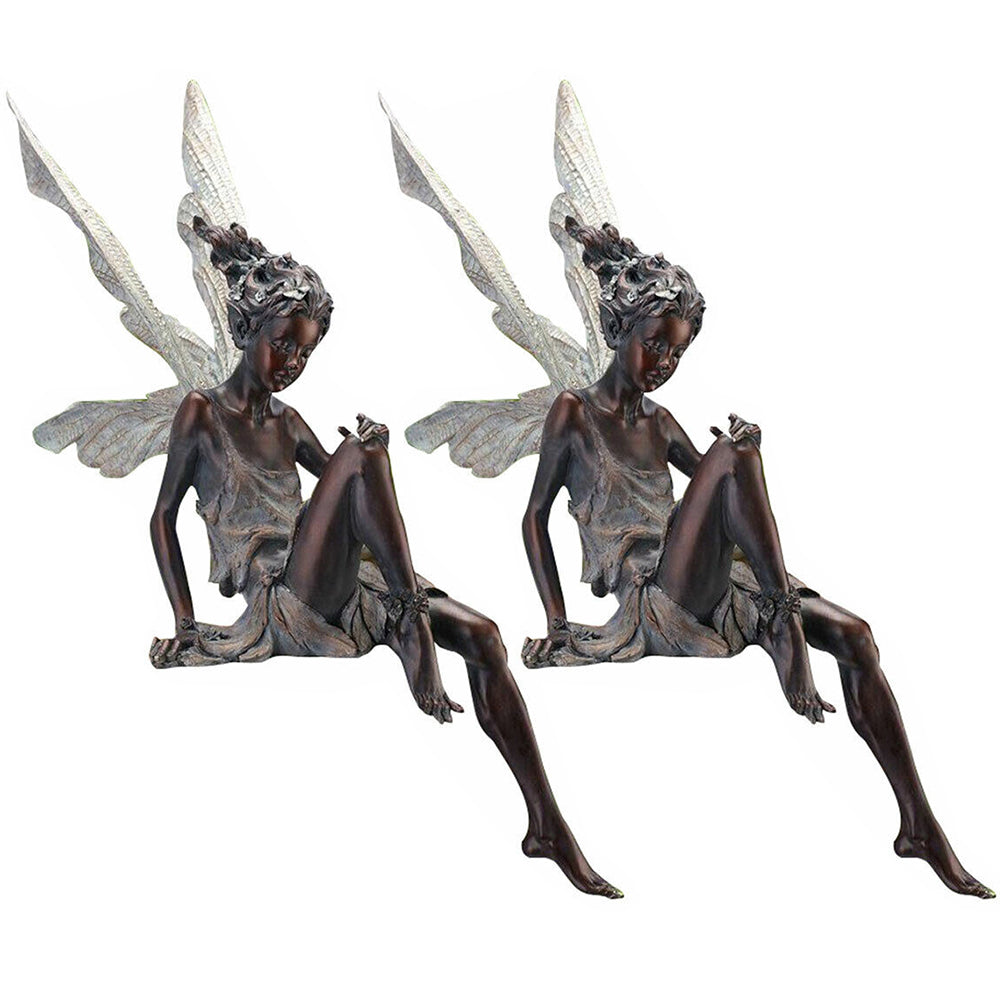 2Pcs Sitting Fairy Statue Outdoor Garden Resin Sculpture Brown
