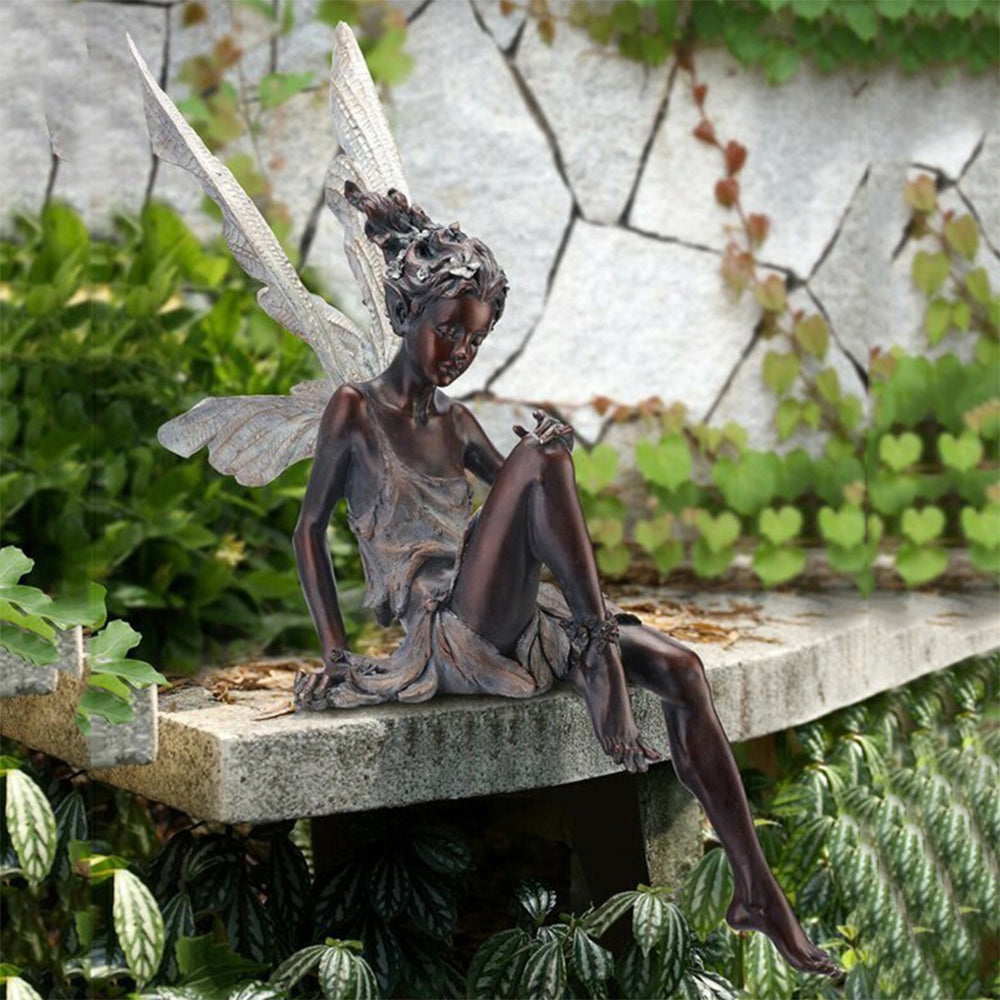 2Pcs Sitting Fairy Statue Outdoor Garden Resin Sculpture Brown