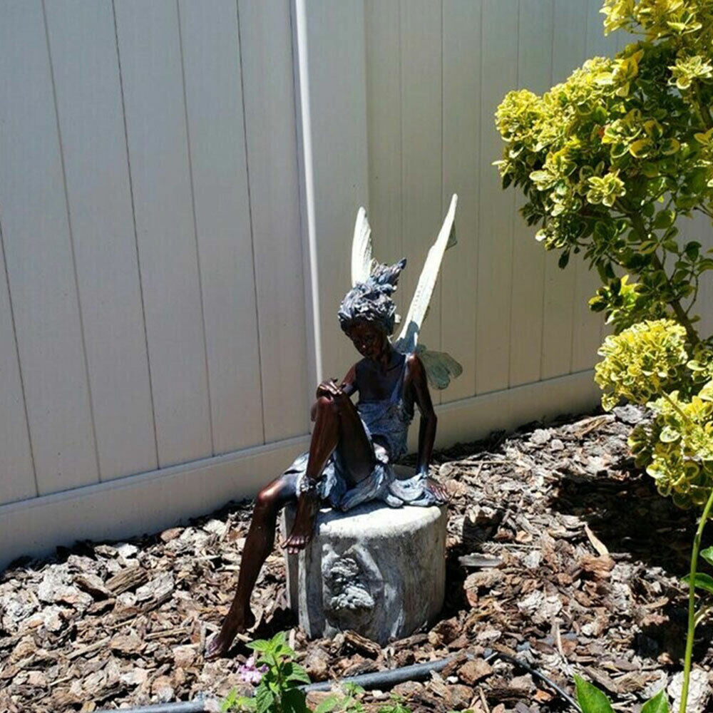 2Pcs Sitting Fairy Statue Outdoor Garden Resin Sculpture Brown