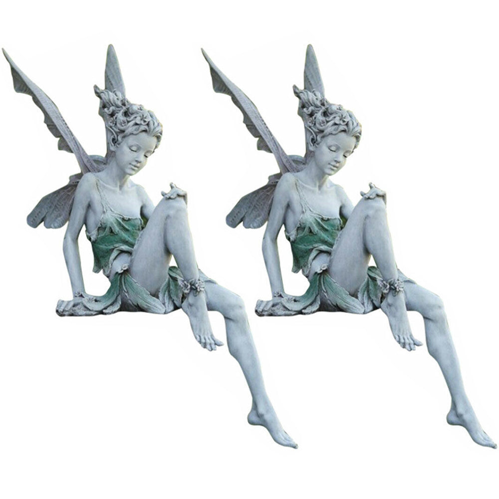 2Pcs Sitting Fairy Statue Outdoor Garden Resin Sculpture White